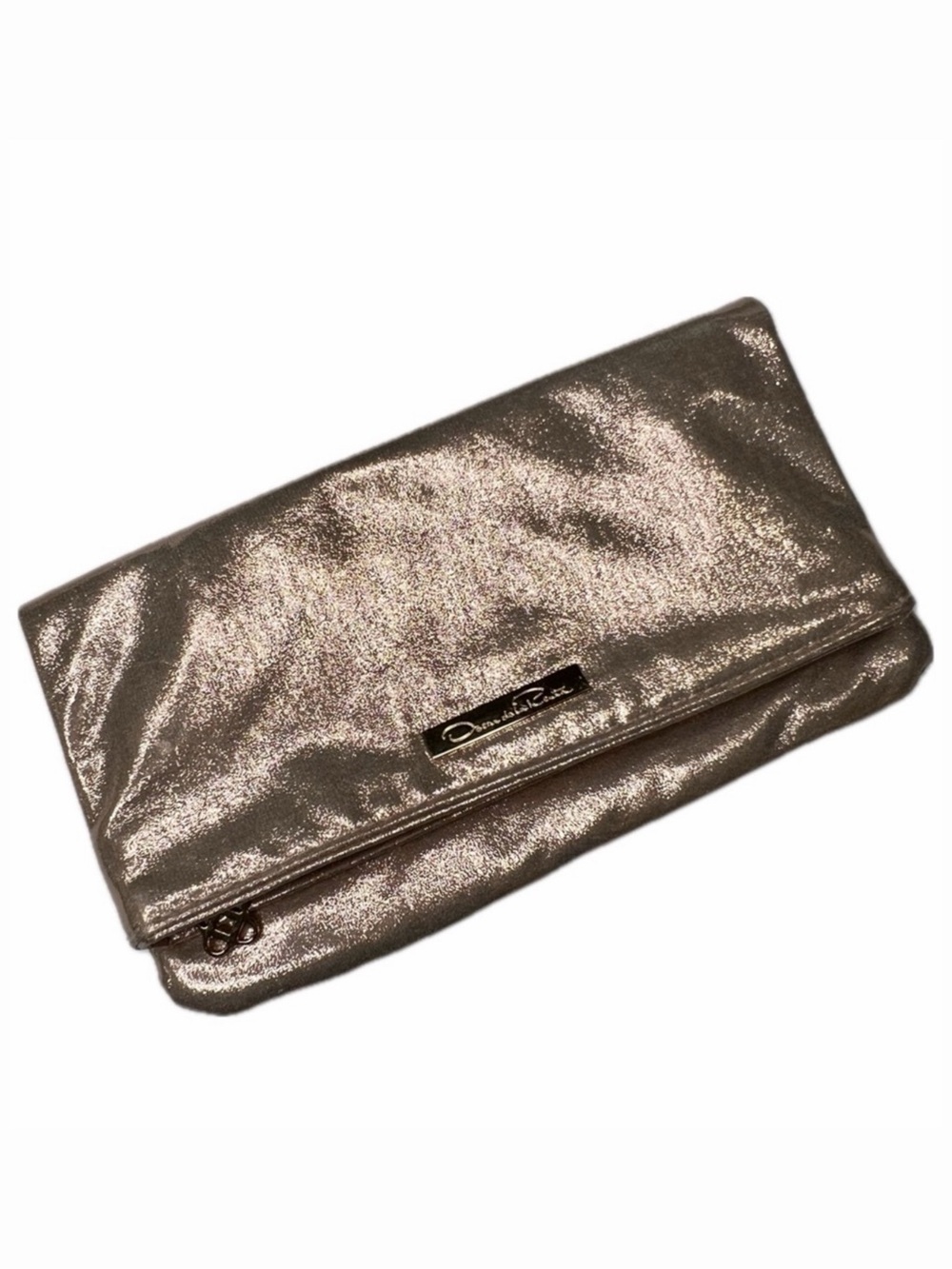 Oscar de la Renta Clutch Foldover Zipper Cocktail Purse Luxe Metallic Rose Gold